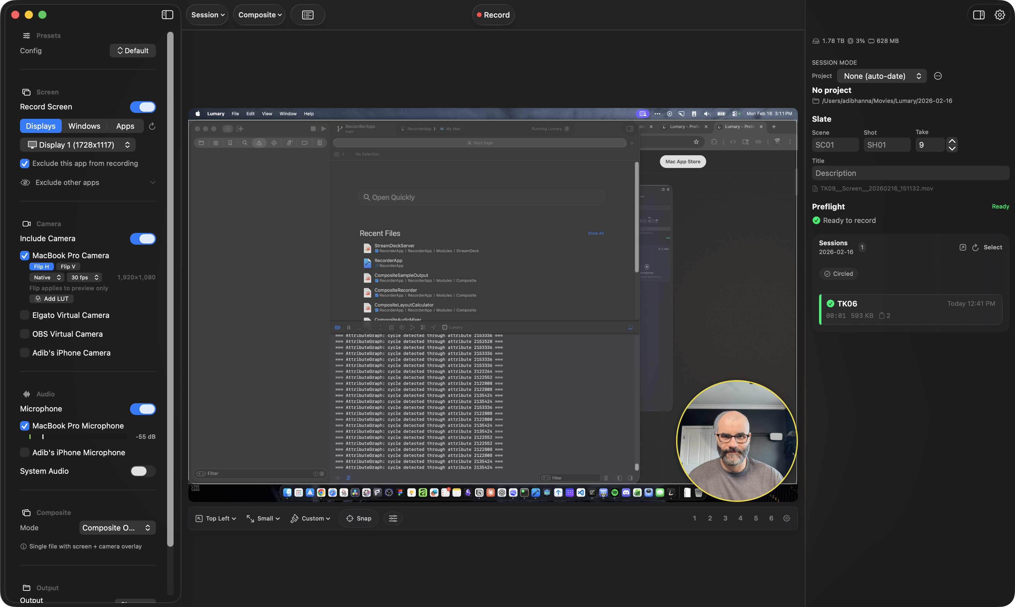 Lumary Composite Mode showing screen and camera combined into a single recording with overlay controls